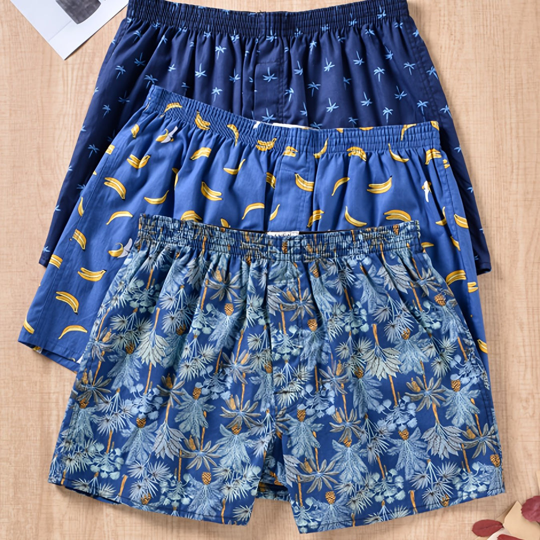 "Men's 100% cotton boxers with modern plant print, showcasing stylish comfort and breathability for daily wear."