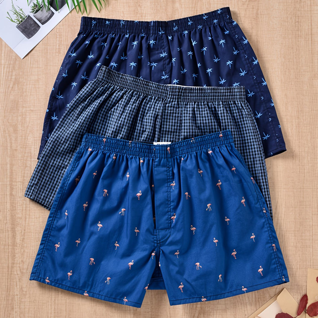 "Men's 100% cotton boxers with modern plant print, showcasing stylish comfort and breathability for daily wear."