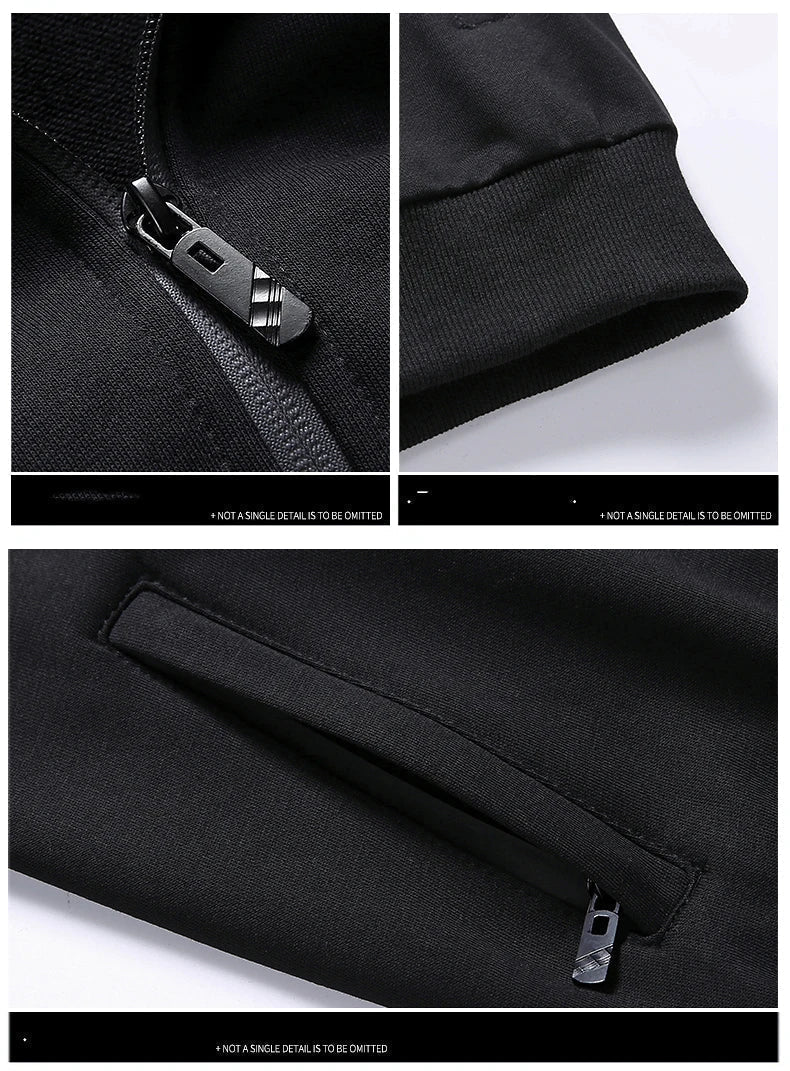 Men's athletic tracksuit set with zip-up jacket and joggers, black design, perfect for workouts and casual outings.