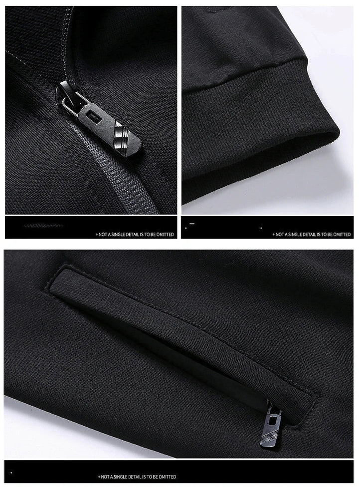 Men's athletic tracksuit set with zip-up jacket and joggers, black design, perfect for workouts and casual outings.