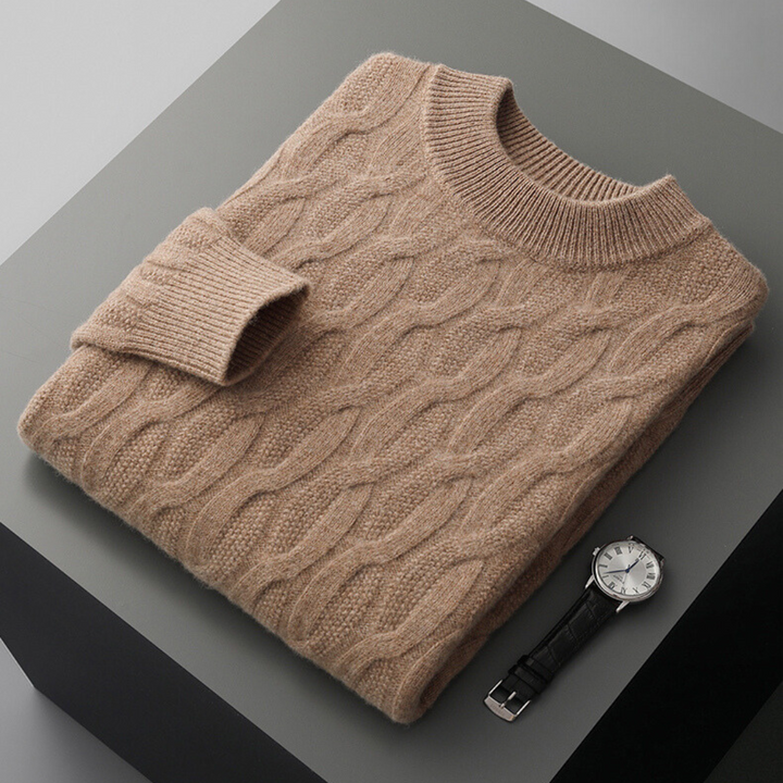 "Men's beige cashmere polo sweater, 100% cashmere, elegantly tailored, ultra-soft texture, versatile for all occasions."