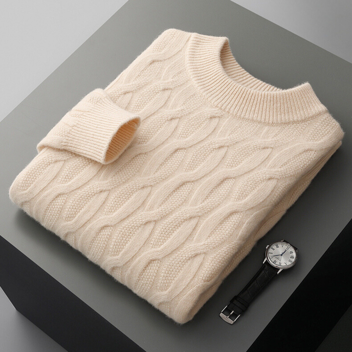 "Men's beige cashmere polo sweater, 100% cashmere, elegantly tailored, ultra-soft texture, versatile for all occasions."