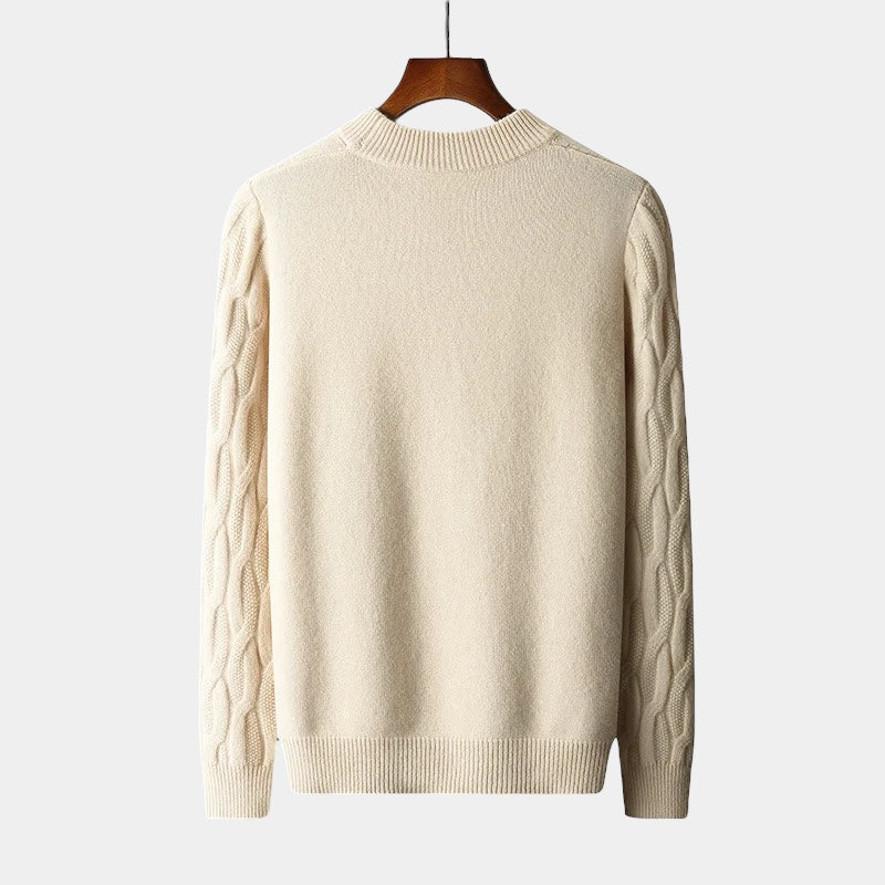 "Men's beige cashmere polo sweater, 100% cashmere, elegantly tailored, ultra-soft texture, versatile for all occasions."