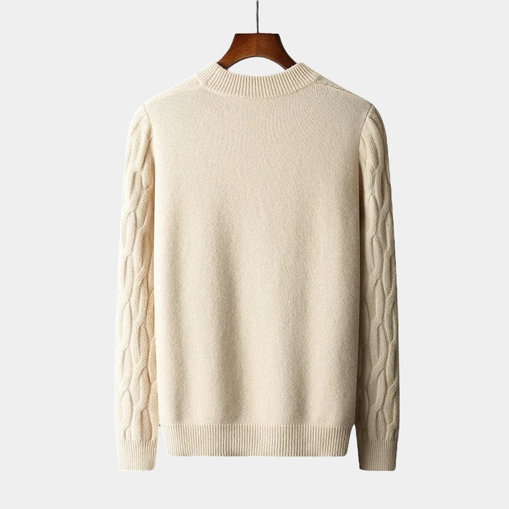 "Men's beige cashmere polo sweater, 100% cashmere, elegantly tailored, ultra-soft texture, versatile for all occasions."