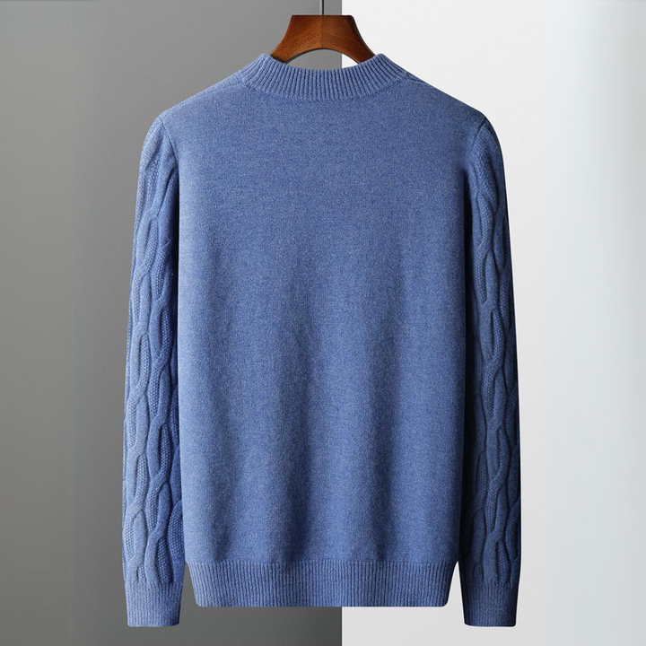 "Men's beige cashmere polo sweater, 100% cashmere, elegantly tailored, ultra-soft texture, versatile for all occasions."