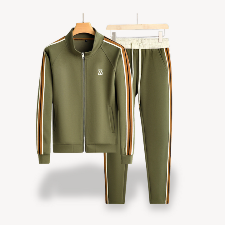 Men's beige tracksuit set with contrast stripes, featuring a slim fit, ribbed cuffs, and elastic waist, perfect for casual st