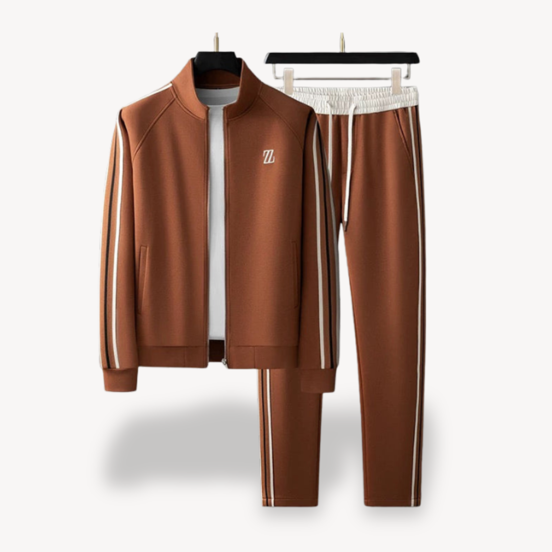 Men's beige tracksuit set with contrast stripes, featuring a slim fit, ribbed cuffs, and elastic waist, perfect for casual st