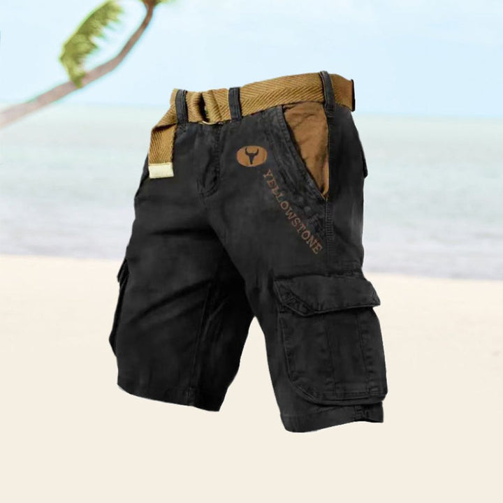 "Men's black durable utility cargo shorts with multiple pockets for outdoor activities, shown in a stylish front view."