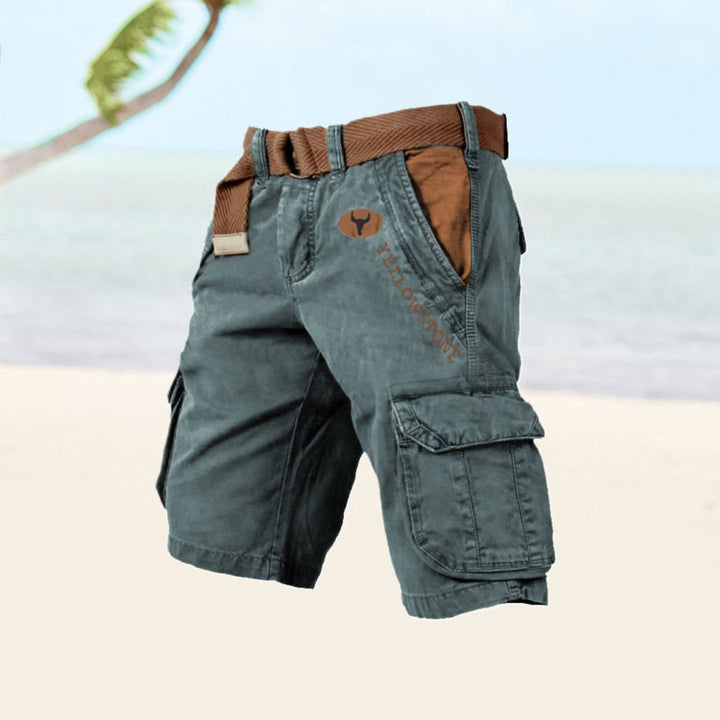 "Men's black durable utility cargo shorts with multiple pockets for outdoor activities, shown in a stylish front view."