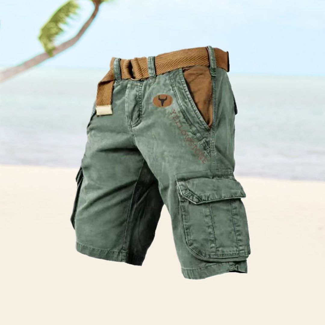 "Men's black durable utility cargo shorts with multiple pockets for outdoor activities, shown in a stylish front view."