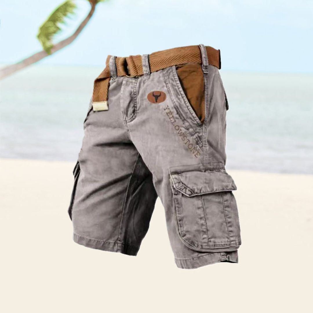 "Men's black durable utility cargo shorts with multiple pockets for outdoor activities, shown in a stylish front view."