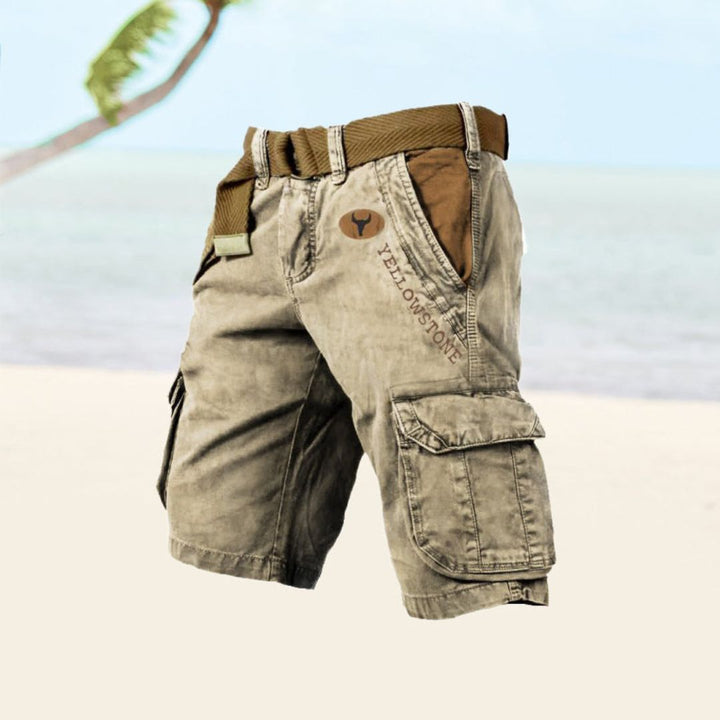 "Men's black durable utility cargo shorts with multiple pockets for outdoor activities, shown in a stylish front view."