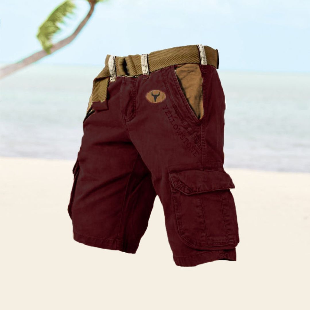 "Men's black durable utility cargo shorts with multiple pockets for outdoor activities, shown in a stylish front view."