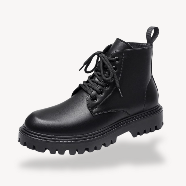 "Men's black leather combat boots with chunky sole, front view, showcasing rugged durability and modern style in premium mate