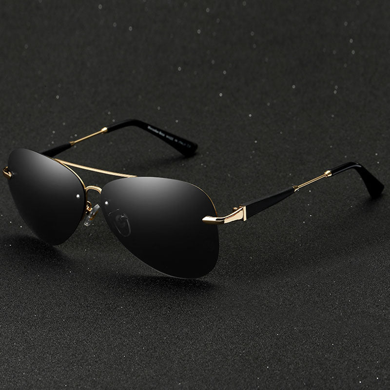 "Men's black polarized aviator sunglasses with sleek frame, offering UV protection and classic style for all occasions."