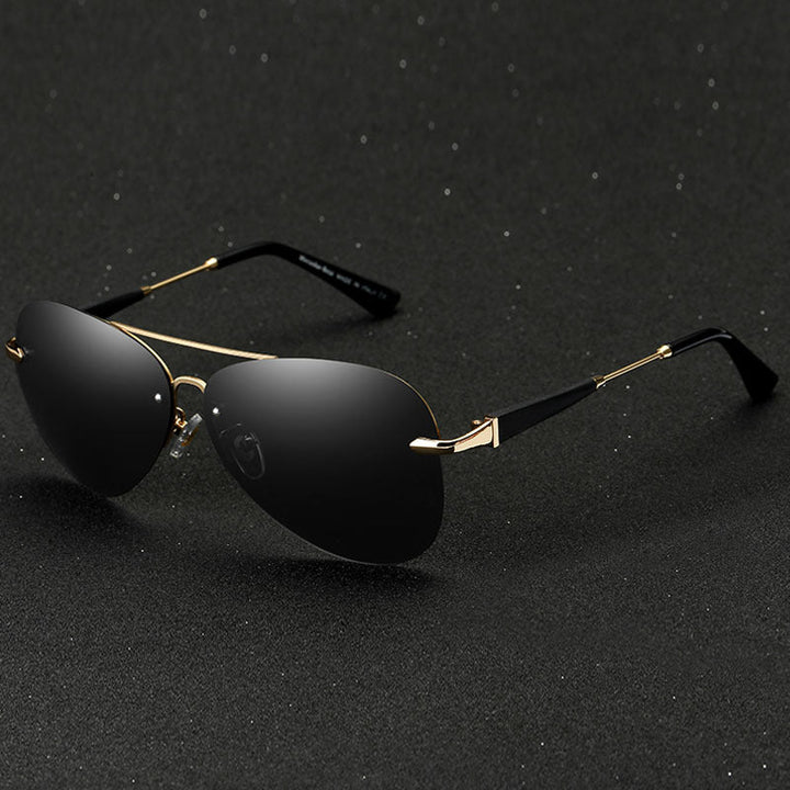 "Men's black polarized aviator sunglasses with sleek frame, offering UV protection and classic style for all occasions."