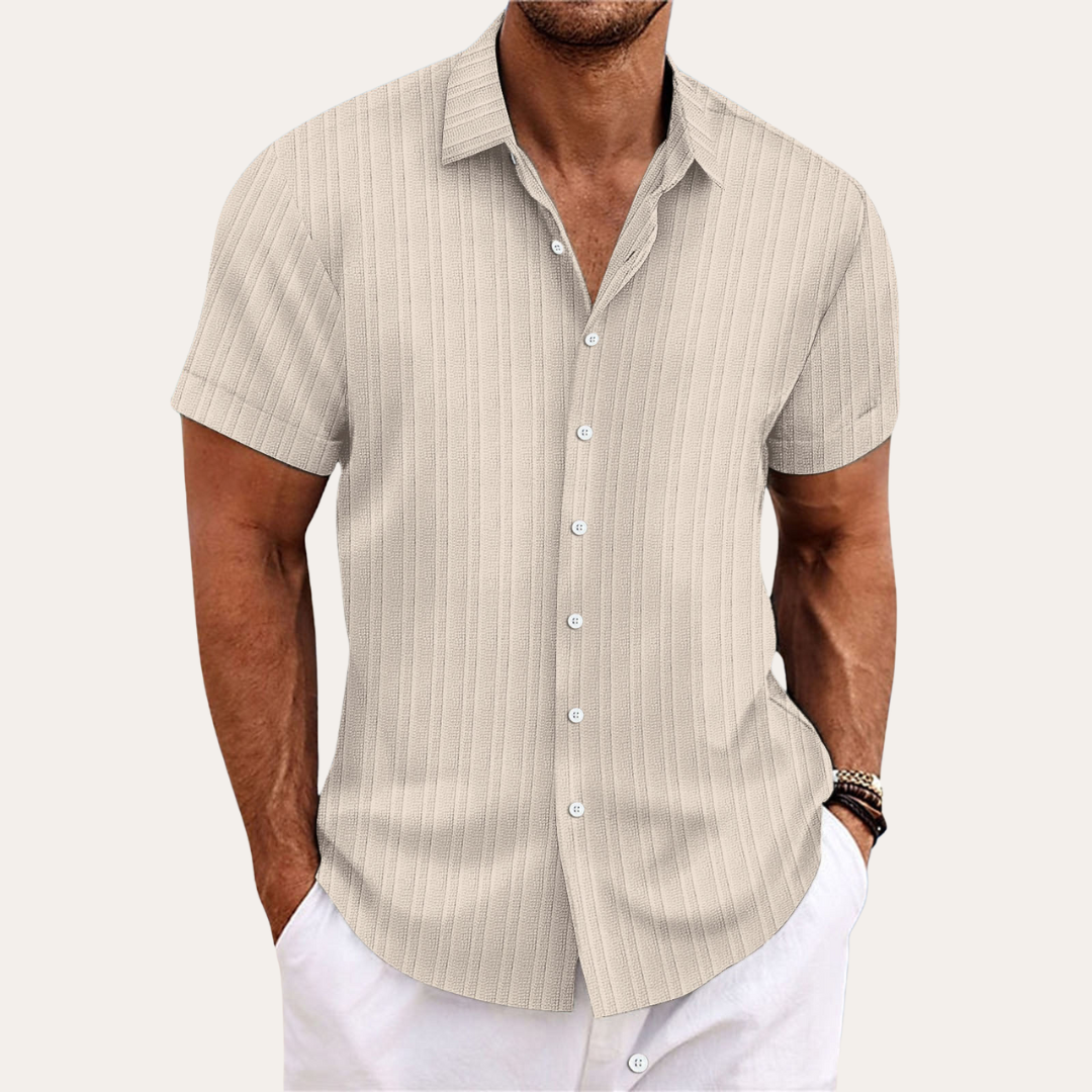 Men's blue striped cotton short-sleeve shirt, featuring a classic fit and Kent collar for a stylish, casual look.