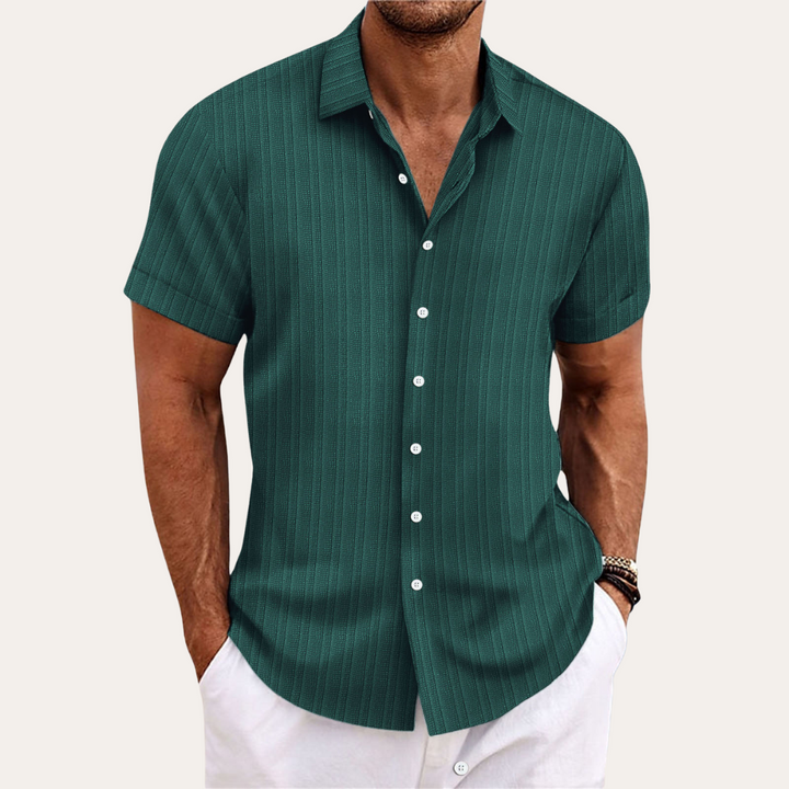 Men's blue striped cotton short-sleeve shirt, featuring a classic fit and Kent collar for a stylish, casual look.