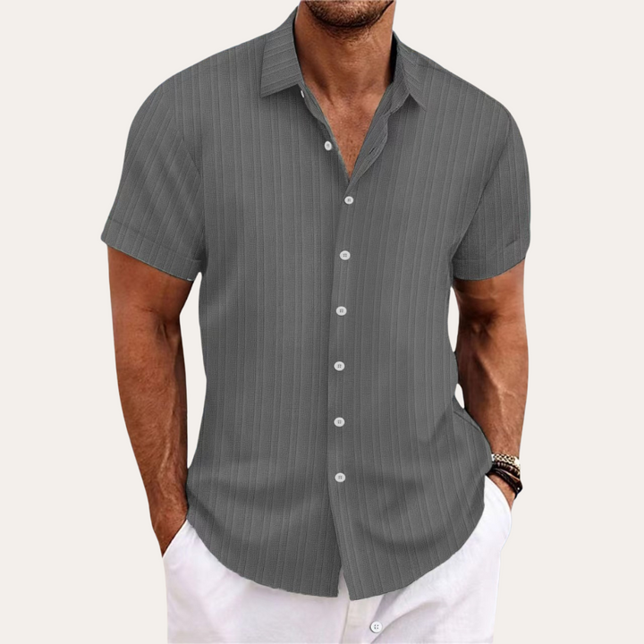 Men's blue striped cotton short-sleeve shirt, featuring a classic fit and Kent collar for a stylish, casual look.