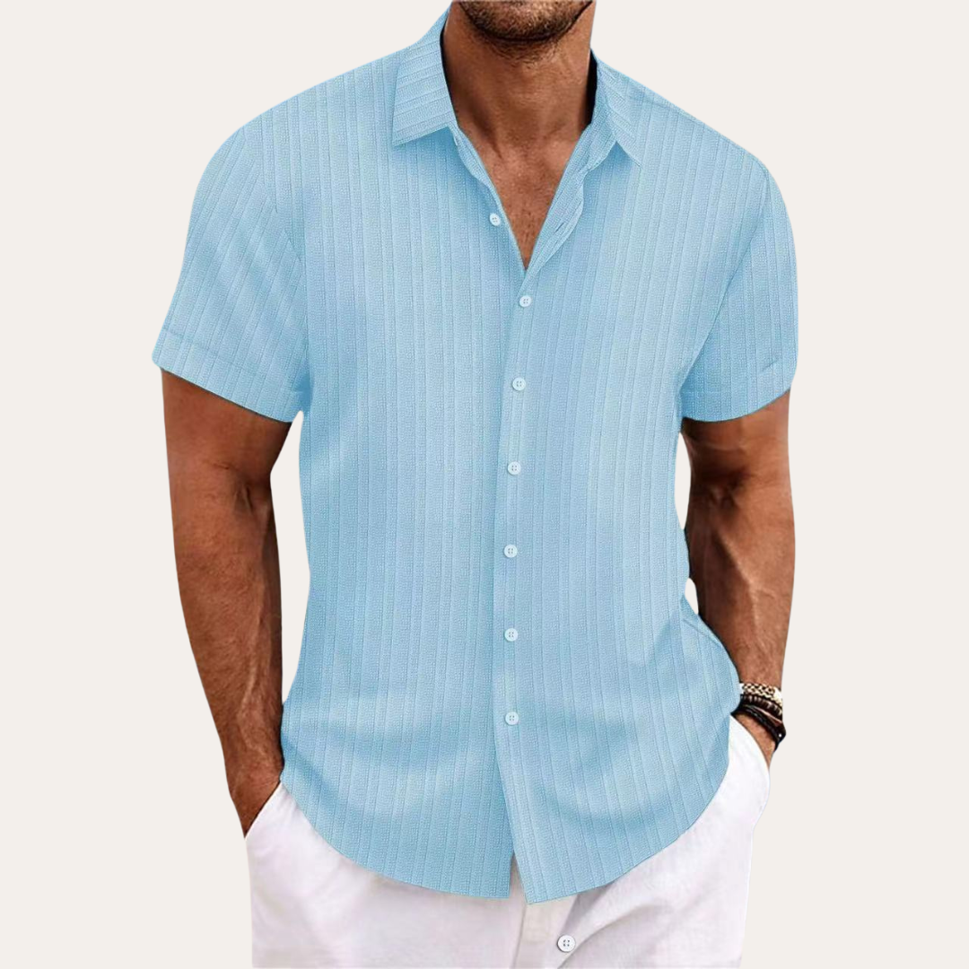 Men's blue striped cotton short-sleeve shirt, featuring a classic fit and Kent collar for a stylish, casual look.