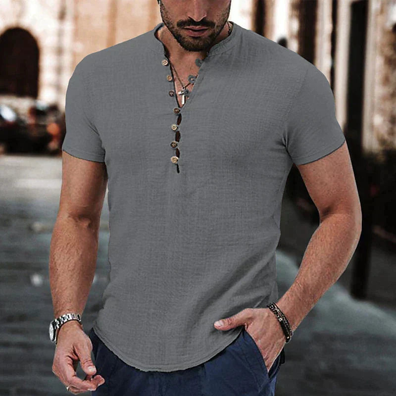 "Men's breathable linen Henley shirt, short sleeves, structured neckline, urban style, tailored fit, casual elegance."