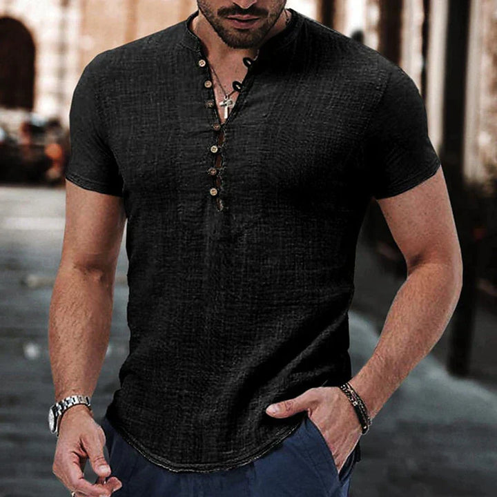 "Men's breathable linen Henley shirt, short sleeves, structured neckline, urban style, tailored fit, casual elegance."