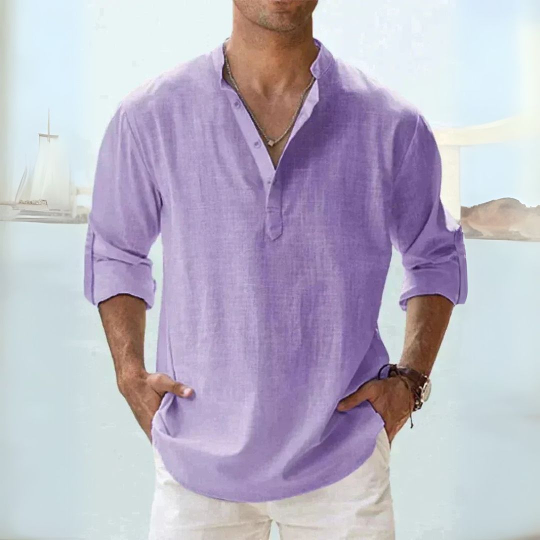 Men's breathable linen Henley shirt with long sleeves in diverse colors, offering a casual and comfortable fit for warm weath