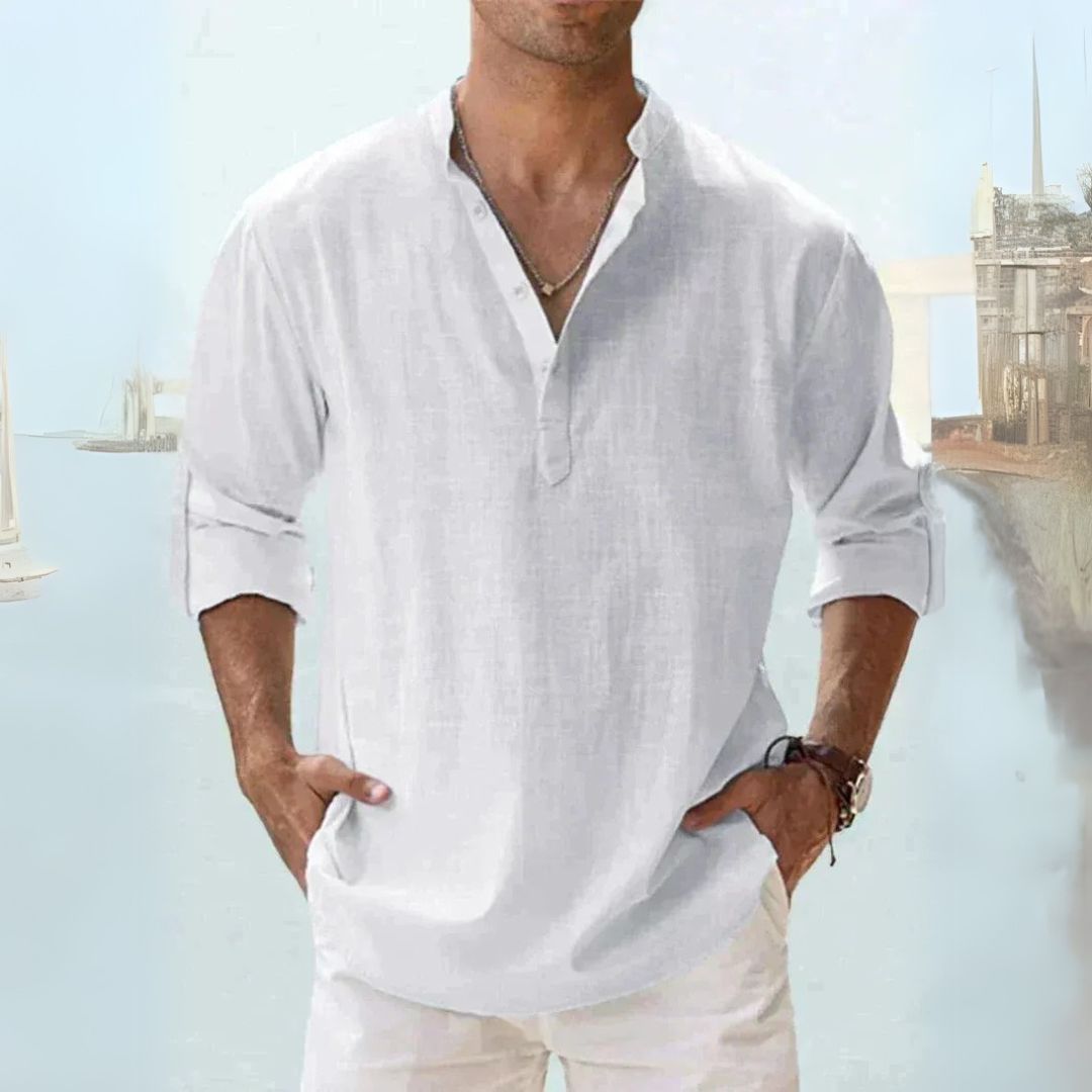 Men's breathable linen Henley shirt with long sleeves in diverse colors, offering a casual and comfortable fit for warm weath