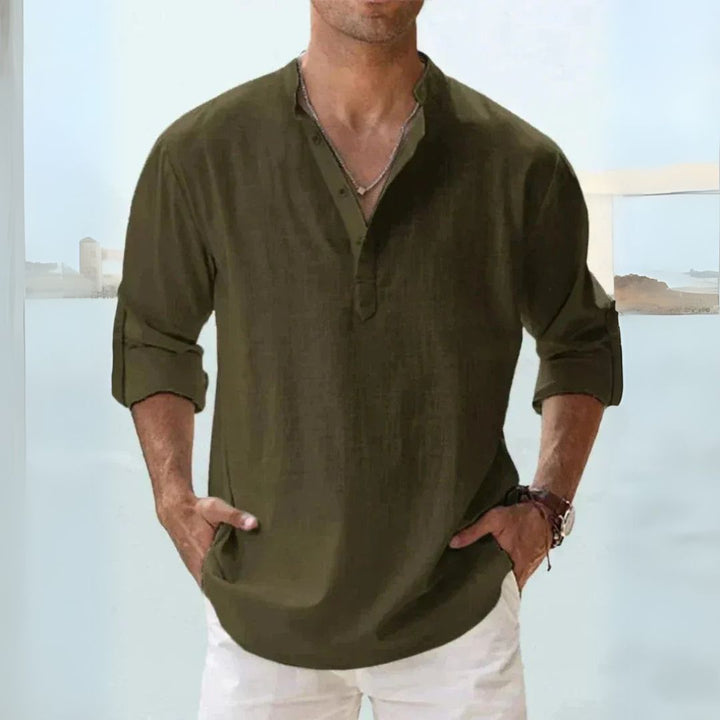 Men's breathable linen Henley shirt with long sleeves in diverse colors, offering a casual and comfortable fit for warm weath