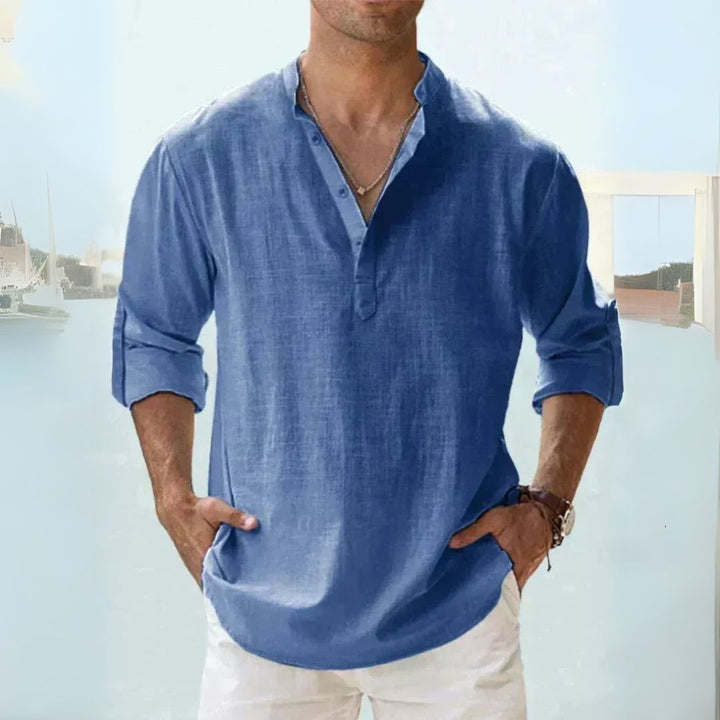Men's breathable linen Henley shirt with long sleeves in diverse colors, offering a casual and comfortable fit for warm weath