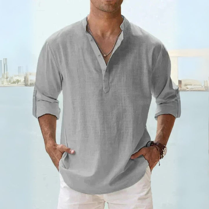 Men's breathable linen Henley shirt with long sleeves in diverse colors, offering a casual and comfortable fit for warm weath