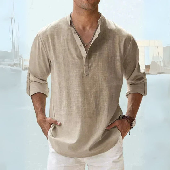 Men's breathable linen Henley shirt with long sleeves in diverse colors, offering a casual and comfortable fit for warm weath
