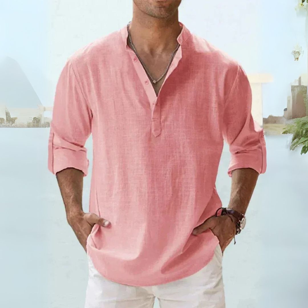 Men's breathable linen Henley shirt with long sleeves in diverse colors, offering a casual and comfortable fit for warm weath