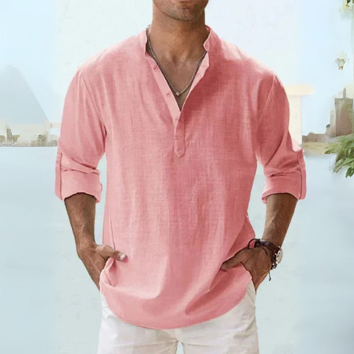 Men's breathable linen Henley shirt with long sleeves in diverse colors, offering a casual and comfortable fit for warm weath