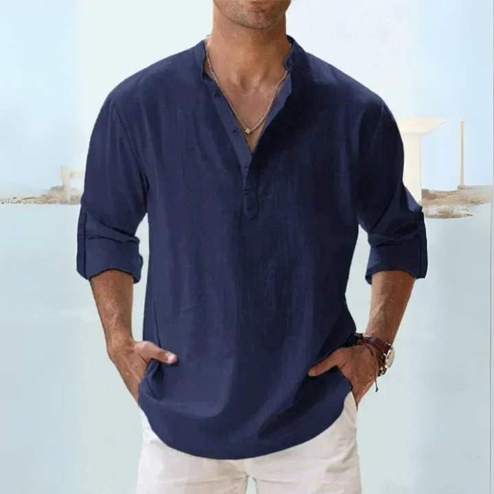 Men's breathable linen Henley shirt with long sleeves in diverse colors, offering a casual and comfortable fit for warm weath
