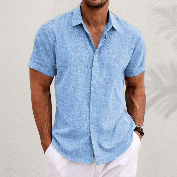 "Men's breathable linen short sleeve shirt, front view, lightweight fabric, button-up style for casual and semi-formal occasi