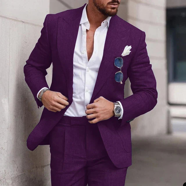 "Men's breathable linen wedding suit 2-piece set, elegant notched lapel, single-breasted design ideal for formal events."