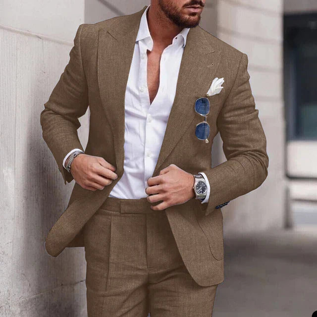 "Men's breathable linen wedding suit 2-piece set, elegant notched lapel, single-breasted design ideal for formal events."
