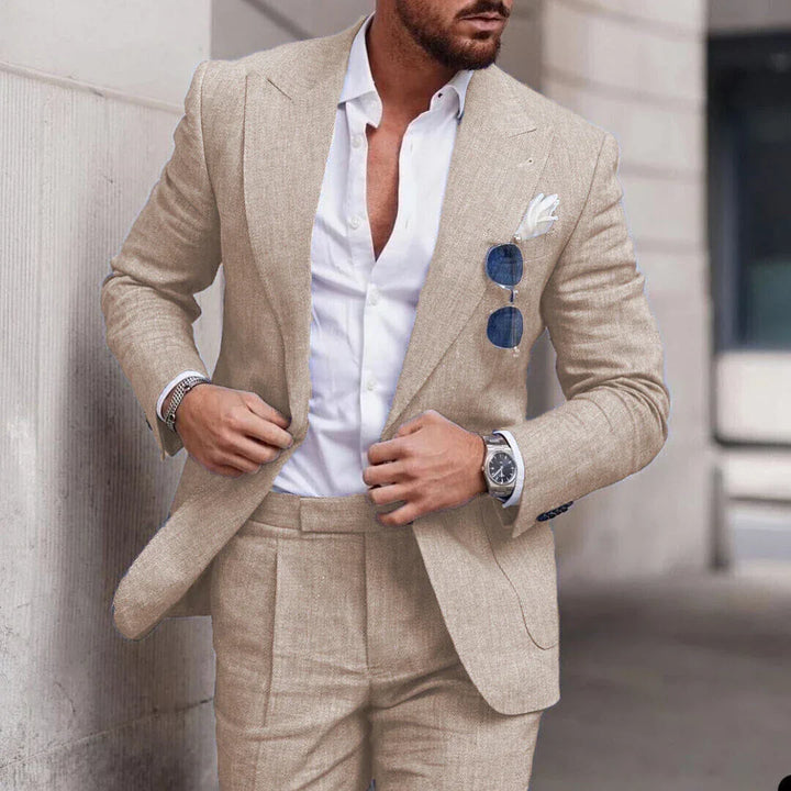 "Men's breathable linen wedding suit 2-piece set, elegant notched lapel, single-breasted design ideal for formal events."