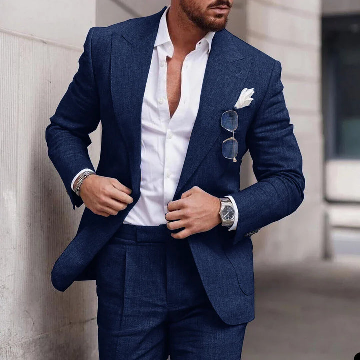 "Men's breathable linen wedding suit 2-piece set, elegant notched lapel, single-breasted design ideal for formal events."