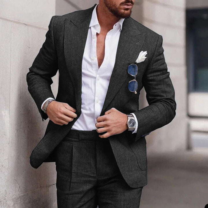"Men's breathable linen wedding suit 2-piece set, elegant notched lapel, single-breasted design ideal for formal events."