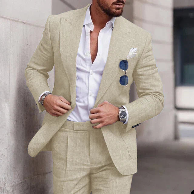 "Men's breathable linen wedding suit 2-piece set, elegant notched lapel, single-breasted design ideal for formal events."