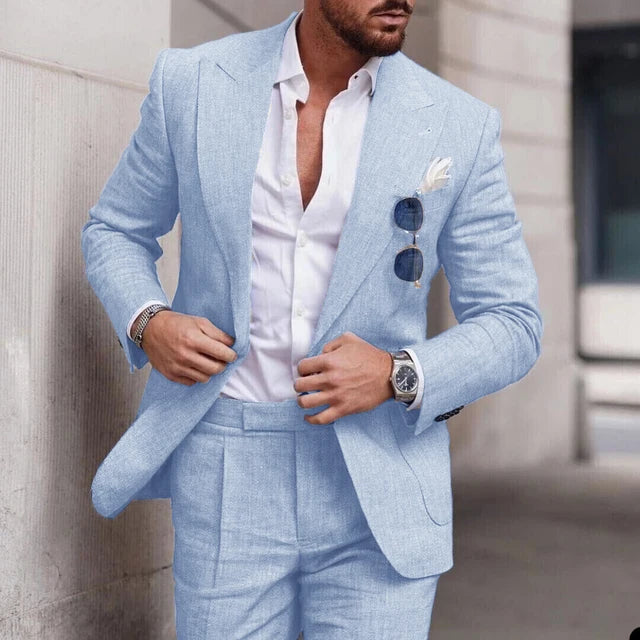 "Men's breathable linen wedding suit 2-piece set, elegant notched lapel, single-breasted design ideal for formal events."