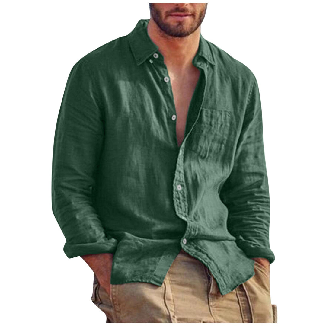 Men's breathable long sleeve linen shirt, solid color, classic fit, perfect for summer casual days.