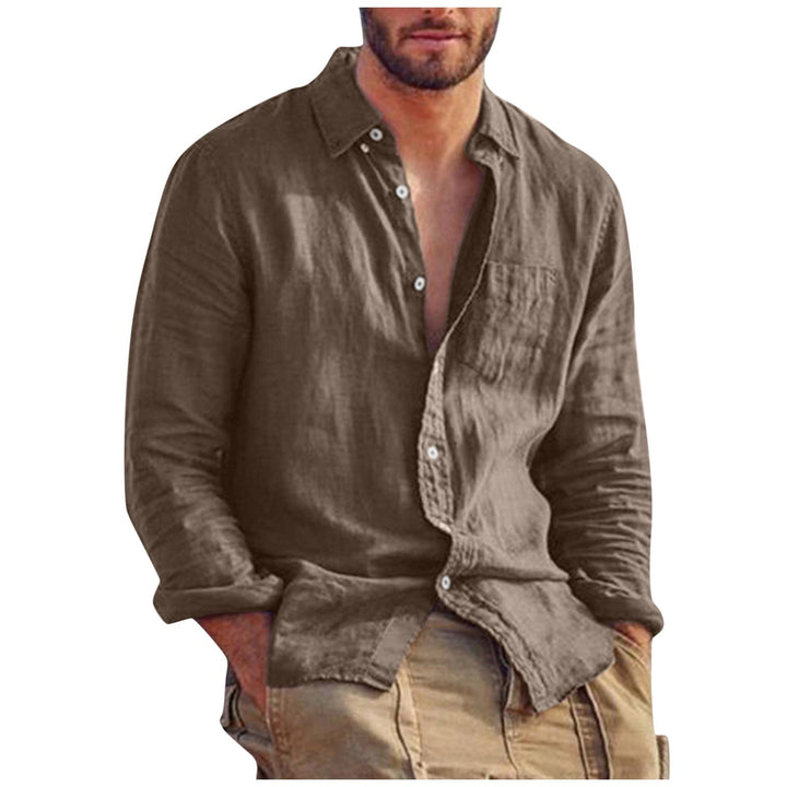 Men's breathable long sleeve linen shirt, solid color, classic fit, perfect for summer casual days.