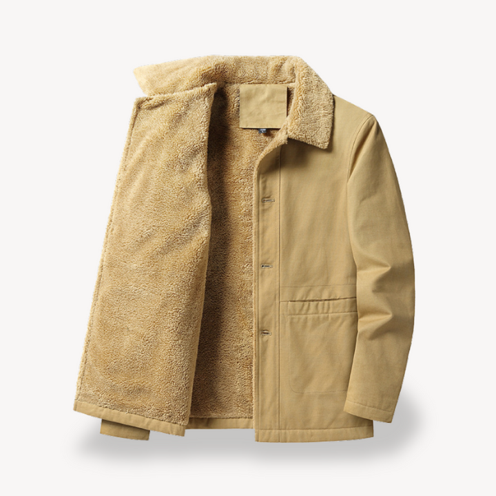 "Men's camel sherpa-lined fleece jacket, stylish winter outerwear with full-zip, wide collar, and side pockets"