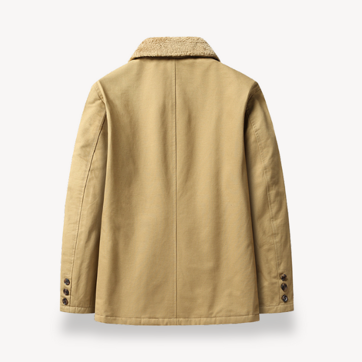 "Men's camel sherpa-lined fleece jacket, stylish winter outerwear with full-zip, wide collar, and side pockets"