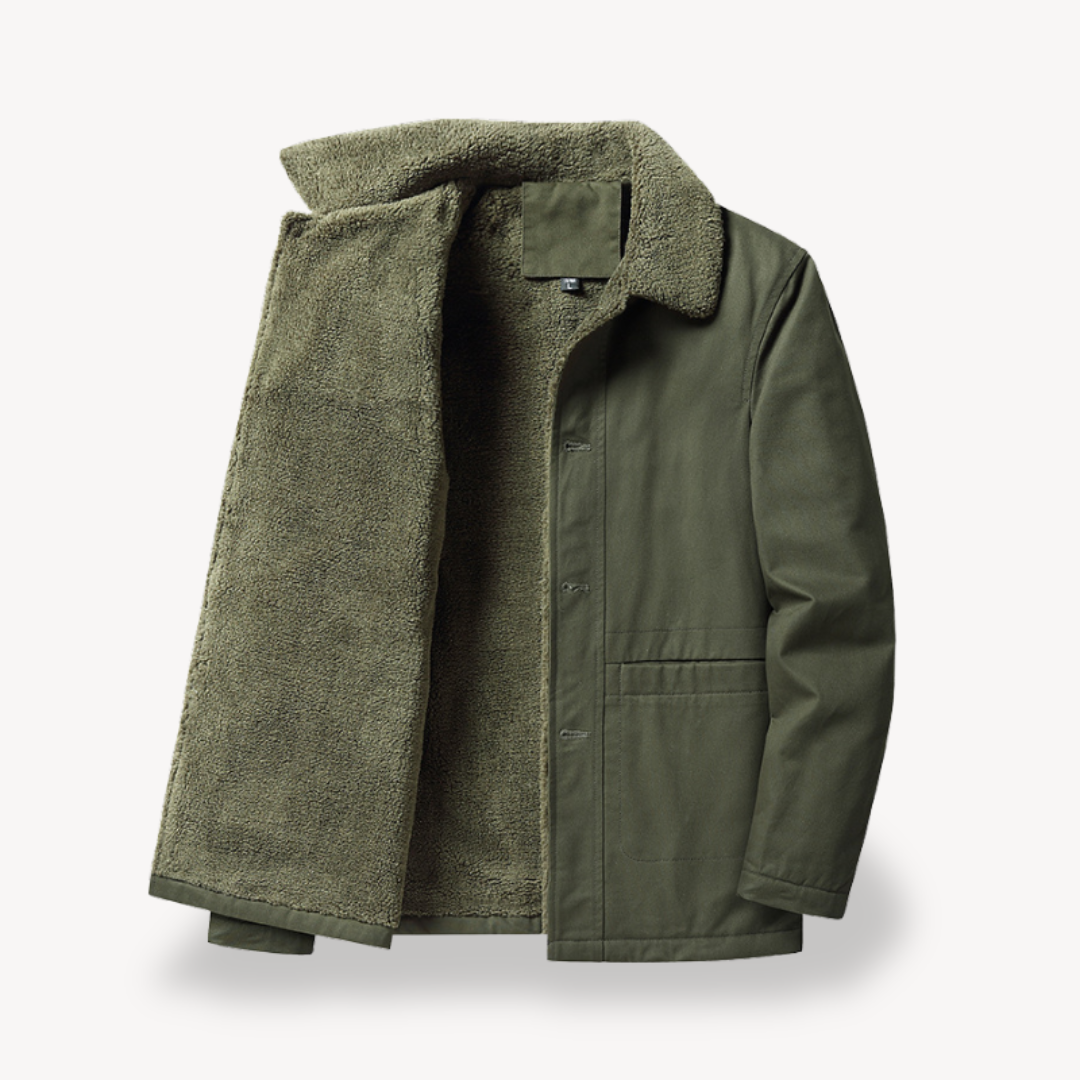 "Men's camel sherpa-lined fleece jacket, stylish winter outerwear with full-zip, wide collar, and side pockets"