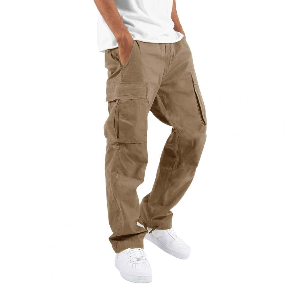 Men's cargo pants with stretch fabric, multiple pockets; comfortable fit, durable with zipper, button closure in khaki color.