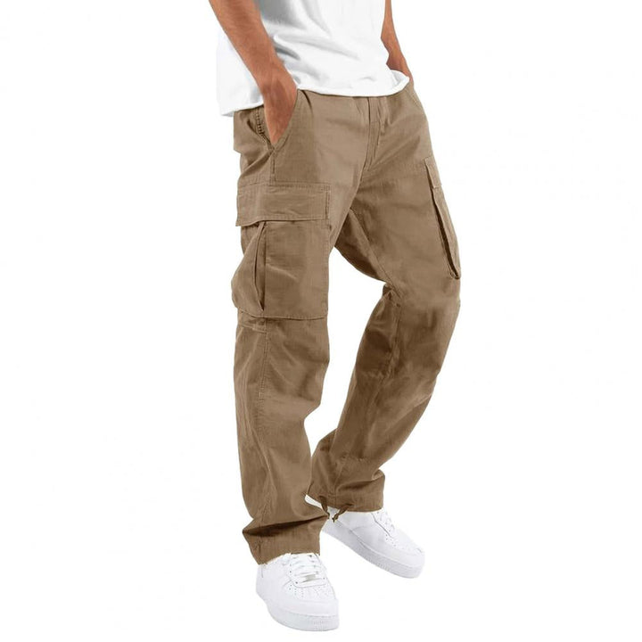 Men's cargo pants with stretch fabric, multiple pockets; comfortable fit, durable with zipper, button closure in khaki color.